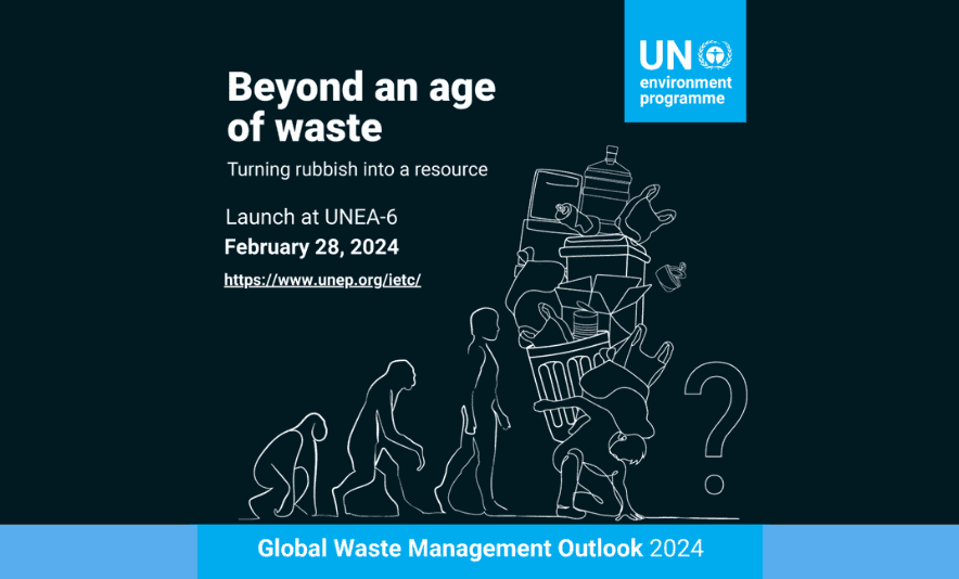 UNEP Global Waste Management Outlook illustration showing global waste projections and environmental pollution trends in 2050."